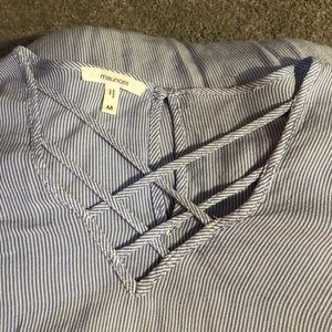 3/4 sleeve flared top baby blue and white striped